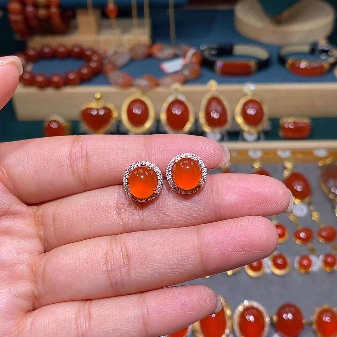 南红玛瑙银S925镶嵌耳饰