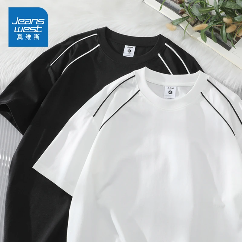Jeanswest/真维斯夏季宽松凉感圆领T恤男士潮流百搭简约打底上衣