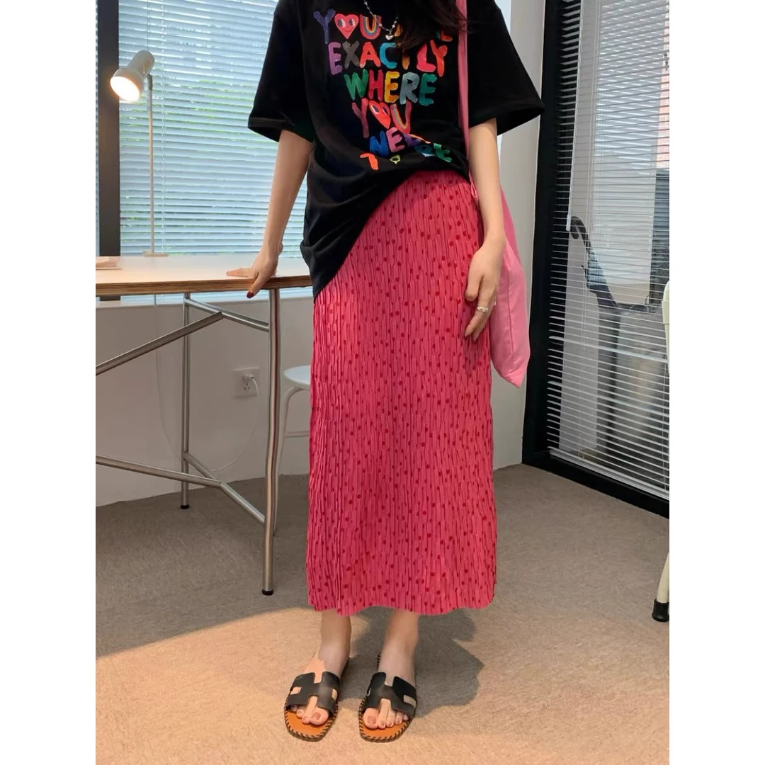 波点褶皱半身裙女夏季薄款高腰开叉波点a字裙中长款玫红色直筒裙