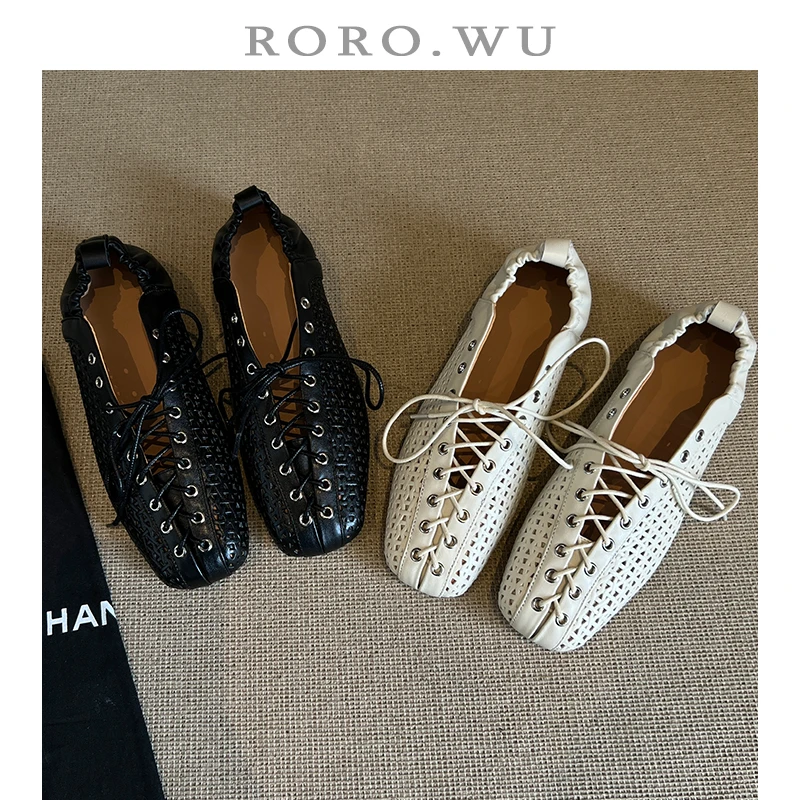 娆娆吴·头层牛皮夏季小众设计舒适减龄系带浅口洞洞鞋凉鞋T264