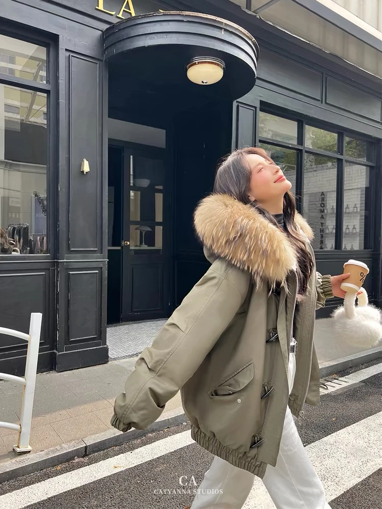 灰灰呀！66123 雨雨版终于搞到！大毛领牛角扣工装连帽外套