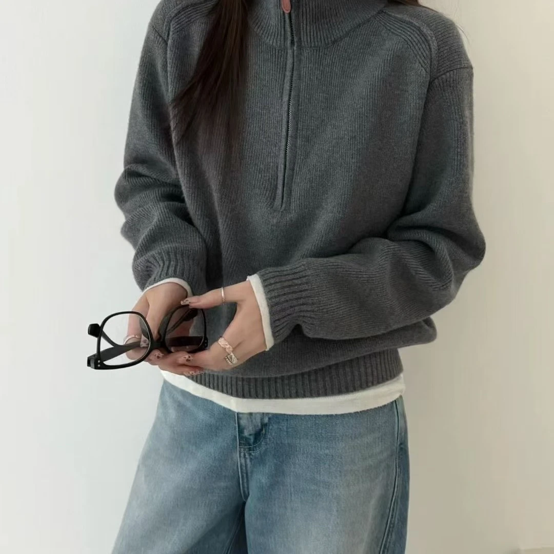 2025新款半拉链羊毛针织衫宽松慵懒风毛衣外套针织打底