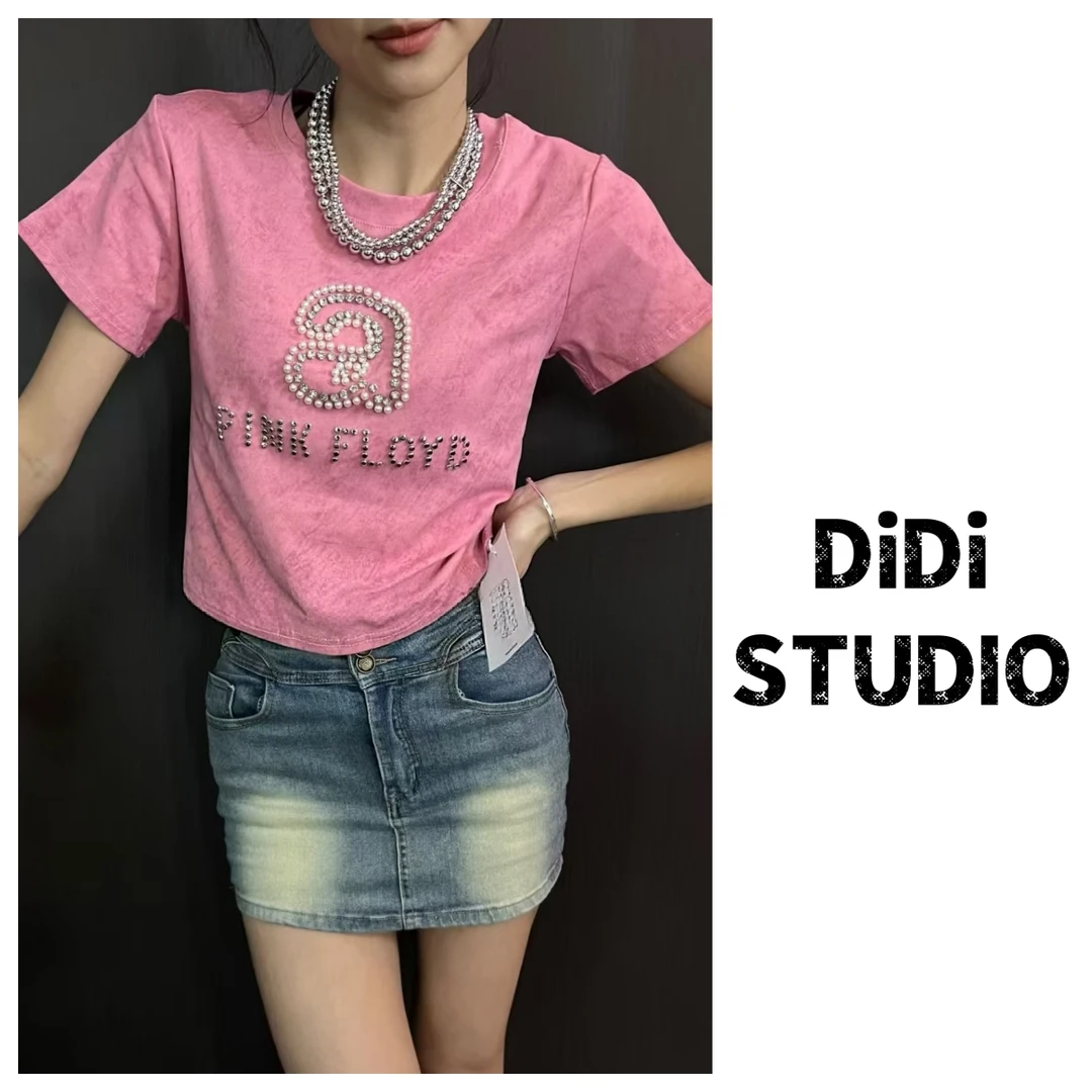 夏季时尚显瘦扎染重工钉珠短袖T恤a