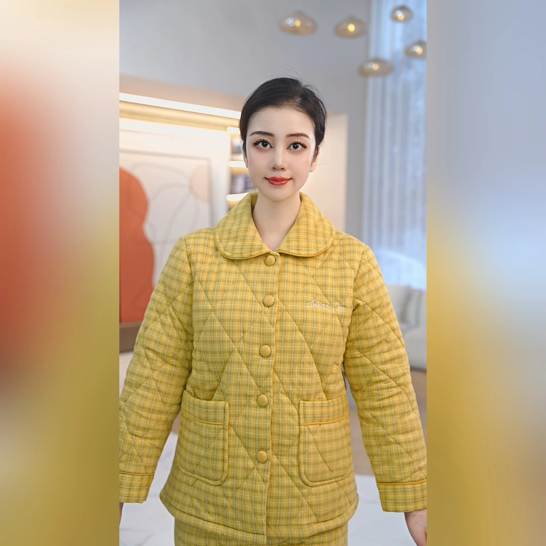 秋鹿格针织夹棉扣领女套宽松秋冬保暖QHIO2672D