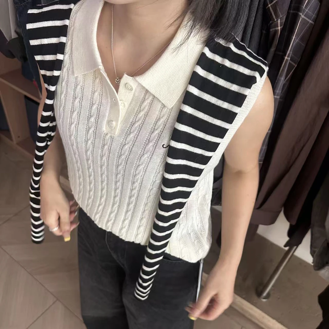 女短款衬衫毛针织衫夏季上衣针织条纹刺绣秋季无袖