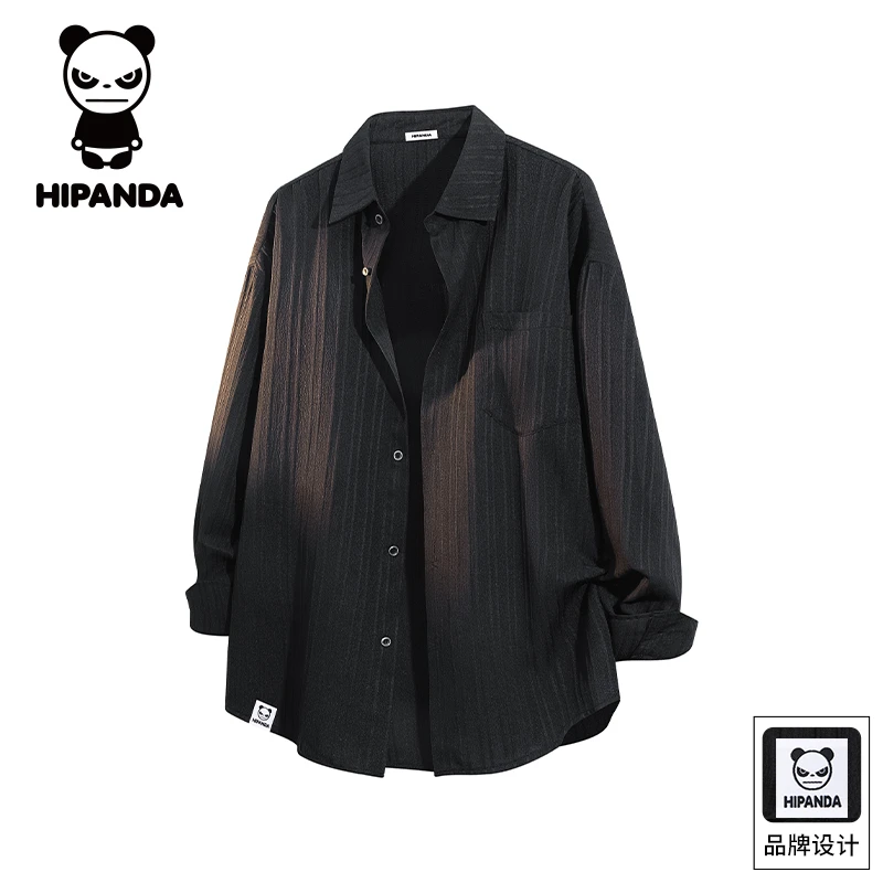 Hi Panda你好熊猫秋季美式长袖衬衫男士宽松百搭慵懒风外套上衣服