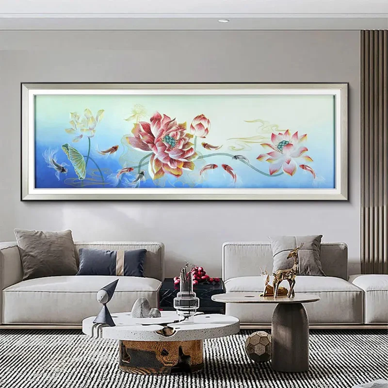 【酷莱】荷花九鱼荷花图装饰画刺绣客厅沙发背景新中式挂画220*80JH