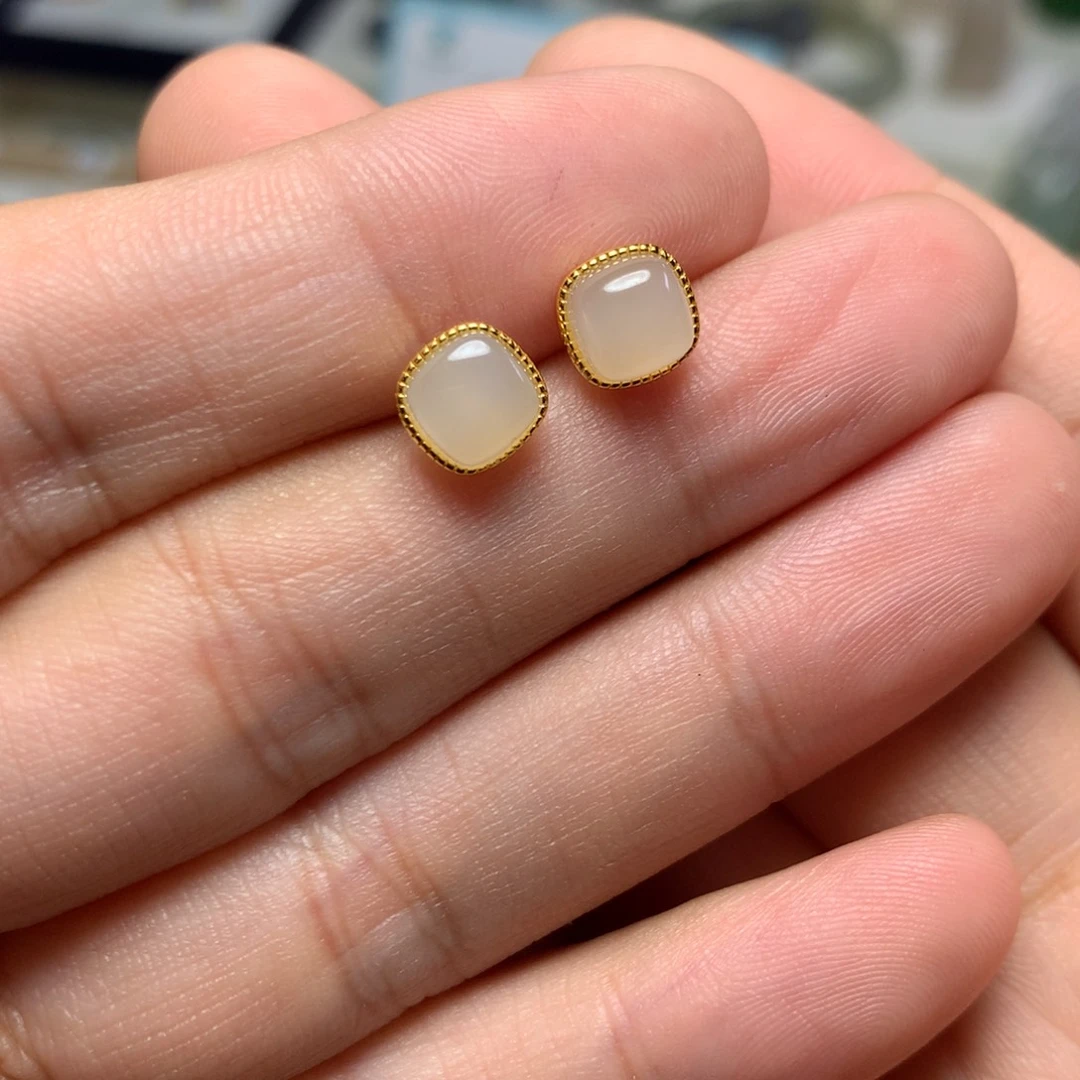 银S925镀金镶嵌和田玉（白玉）耳饰