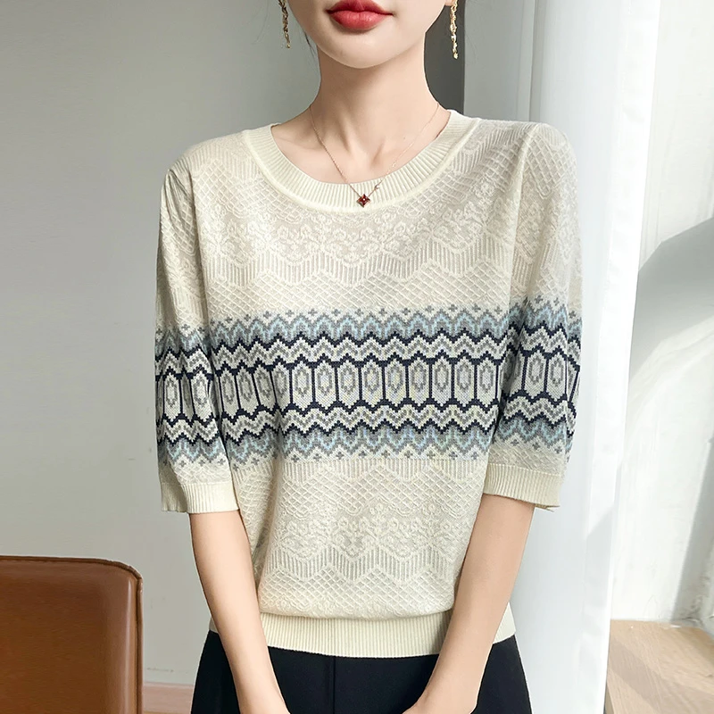 哥弟阿玛施正品短袖圆领提花百搭薄款套头针织衫拼色气质显瘦