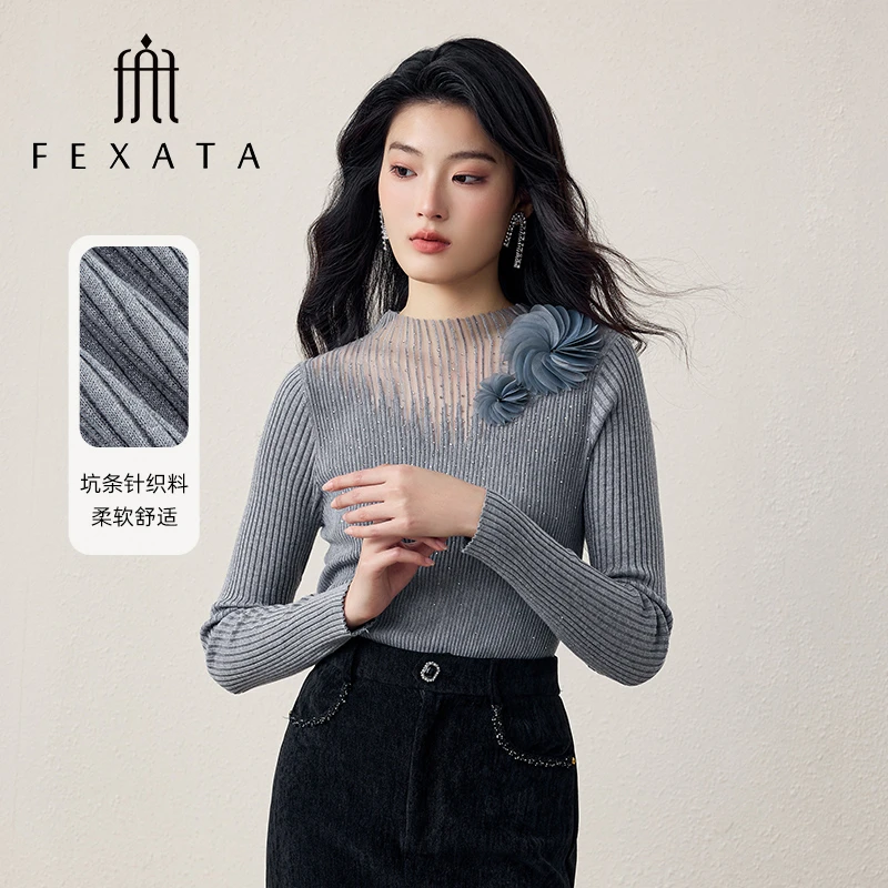 【周周专属】FEXATA斐格思花朵烫钻灰色针织衫1136