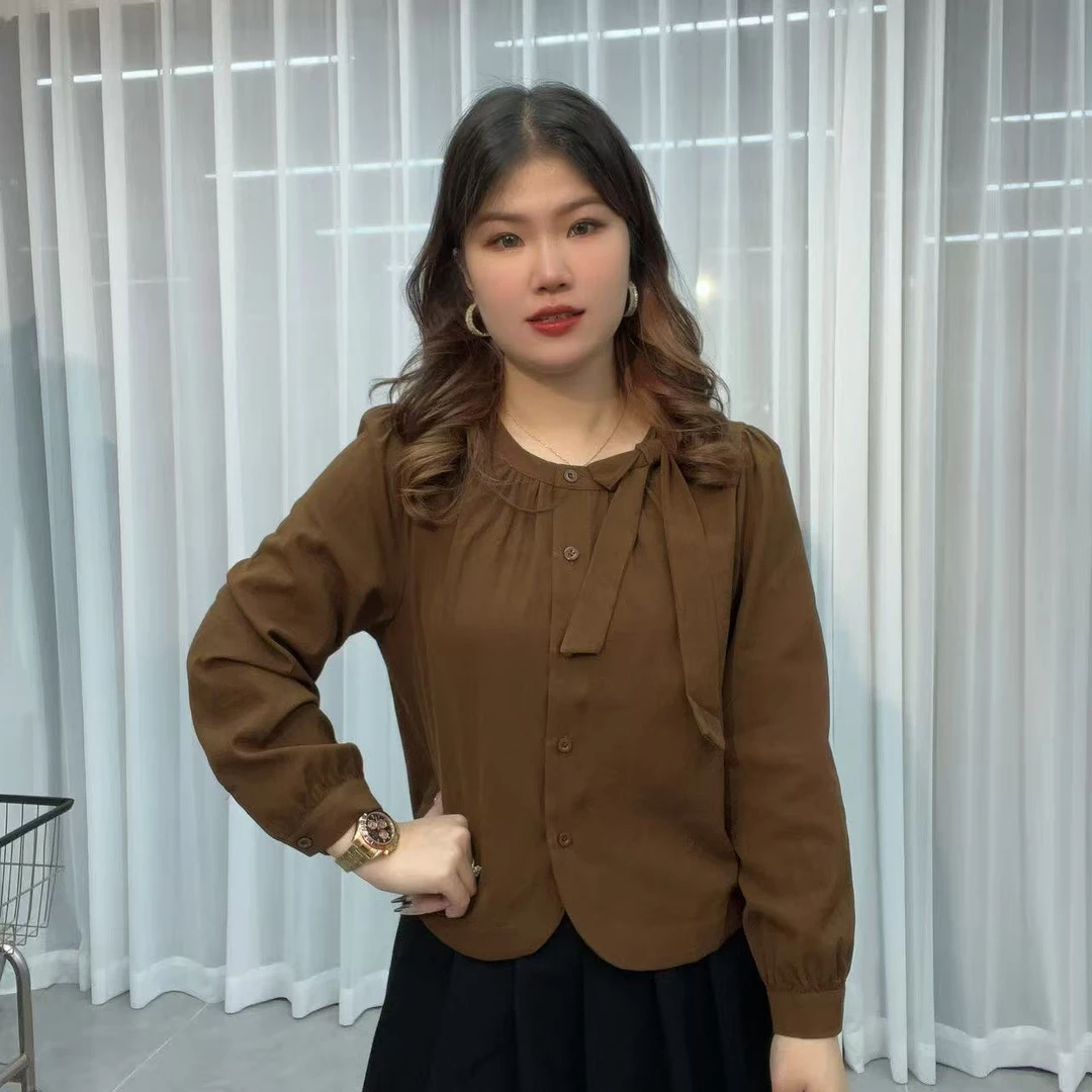 小鑫肝@早秋款圆领蝴蝶结绑带圆弧下摆可开衫衬衫 29228