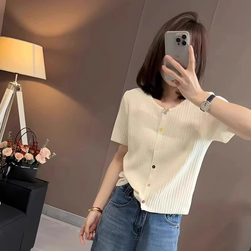 芯娇晴薄款冰丝正肩短袖针织开衫女2025新款夏季休闲显瘦百搭上衣