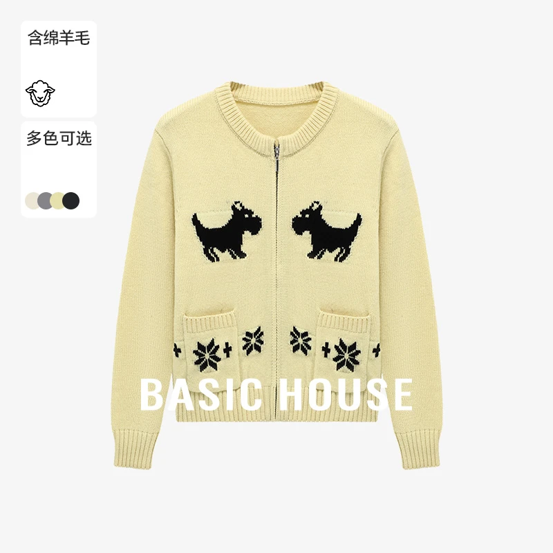 Basic House/百家好长袖短款时尚休闲黑色印花羊毛衫-B06245S6152