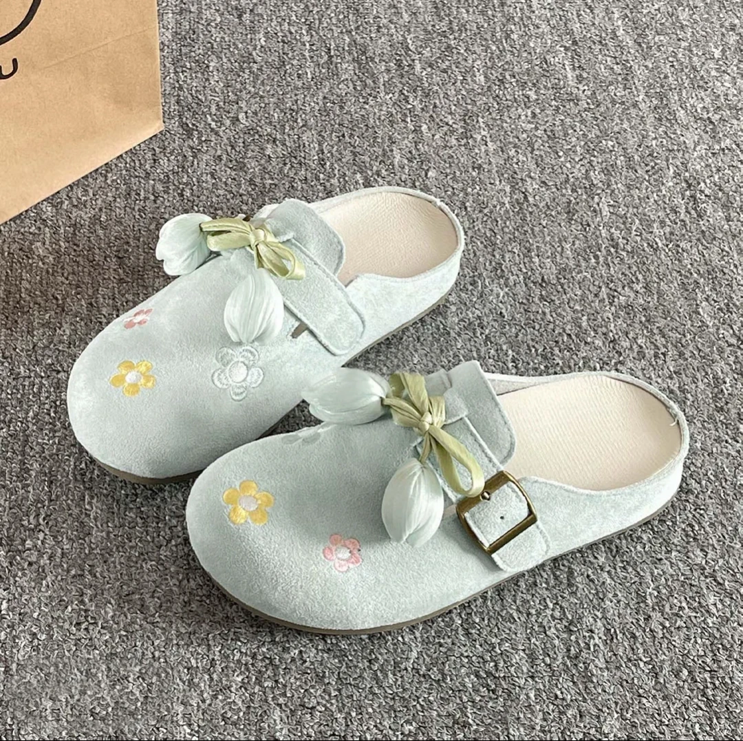 【刺绣】裙子超火包头半拖女鞋外穿2025新款夏季一脚蹬勃肯鞋子