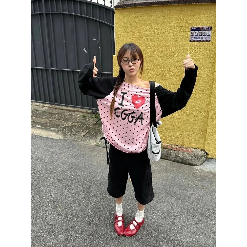 美式爱心波点撞色拼接插肩袖长袖T恤女自制辣妹秋季宽松斜领上衣
