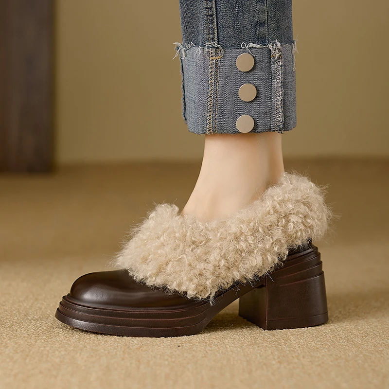 2025冬季加绒小皮鞋女粗跟外穿保暖毛毛鞋高跟加厚毛懒人乐福鞋潮