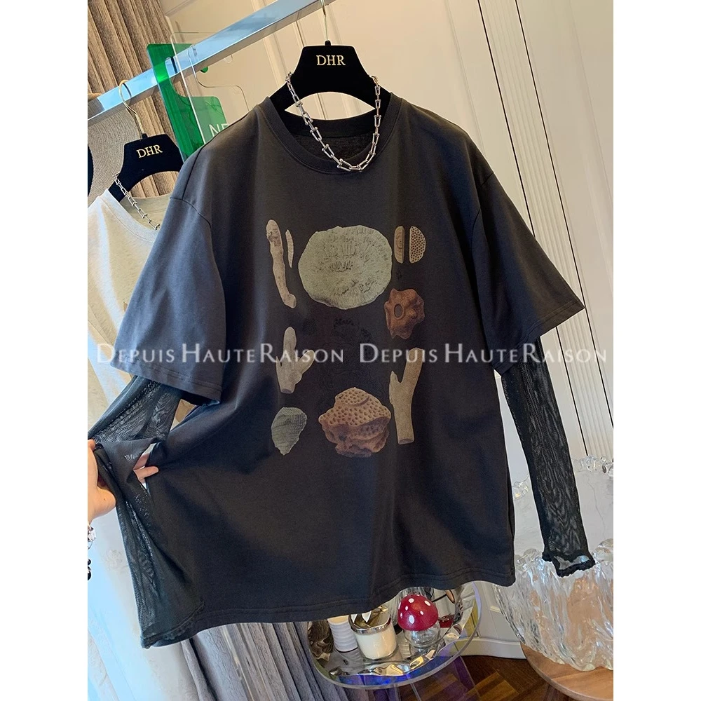 夏季圆领美式大码240斤网纱假两件短袖T恤印花宽松复古百搭上衣女