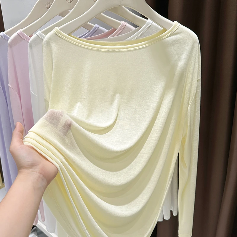 气质一字领露锁骨打底衫女洋气内搭宽松防晒罩衫新款冰丝长袖T恤