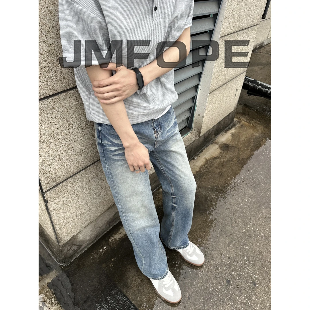 春季美式高街直筒牛仔裤潮流宽松时尚百搭冰蓝色休闲裤堆叠感男款