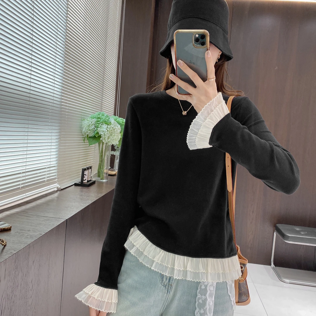 IMFLY金小金自制女装 T恤DYW8730早春拼接喇叭长袖显瘦打底衫上衣