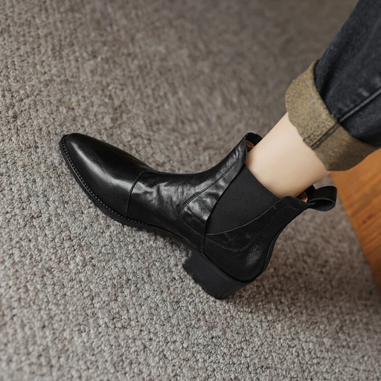 软羊皮复古尖头粗跟马丁短靴女2025冬季加绒切尔西靴中跟春秋单靴