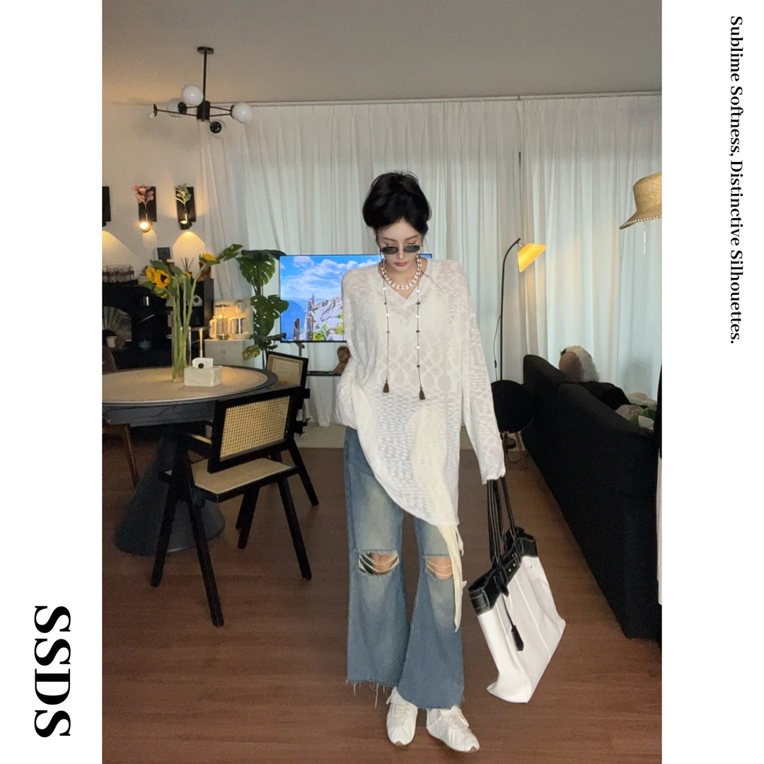 SSDS慵懒法式风早秋亚麻针织上衣外搭宽松空调衫女大码显瘦防晒衫