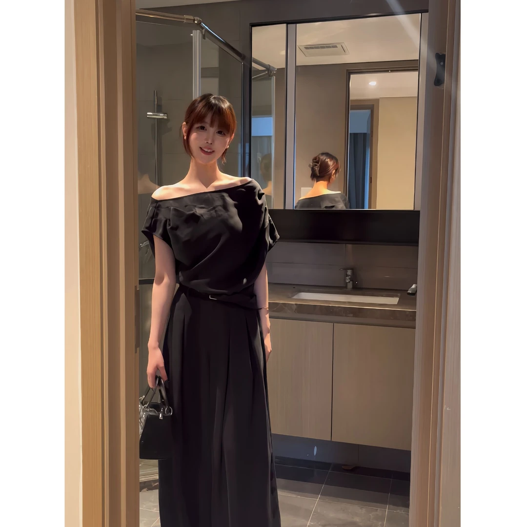 韩系极简休闲直筒高腰斜肩上衣显瘦两件套套装25LCK040