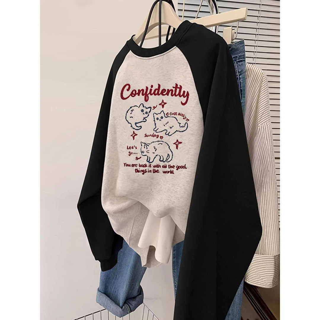 2025早秋新款印花慵懒chic圆领宽松撞色插肩袖拼色卫衣女学生上衣