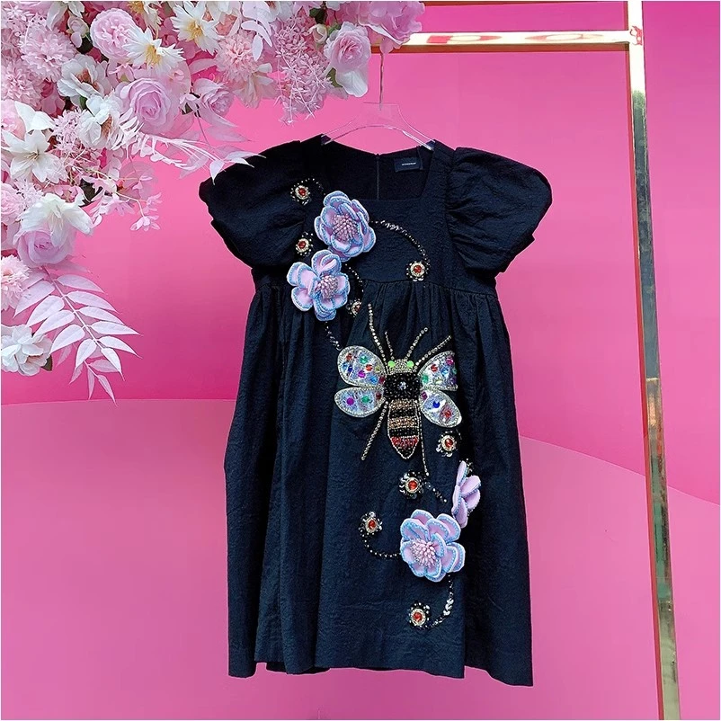 QD1325欧美设计师2025夏季新款重工钉珠刺绣蜜蜂立体花朵连衣裙女