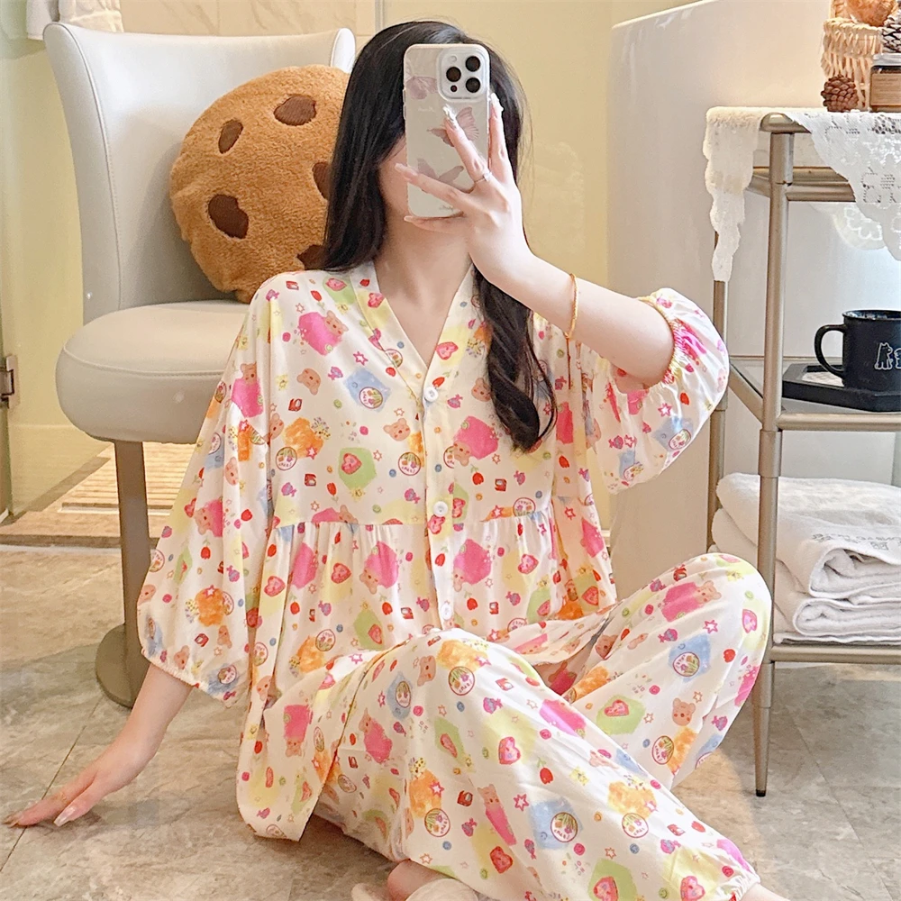 棉绸睡衣女春秋夏季2025新款薄款七分袖空调服宽松大码家居服套装