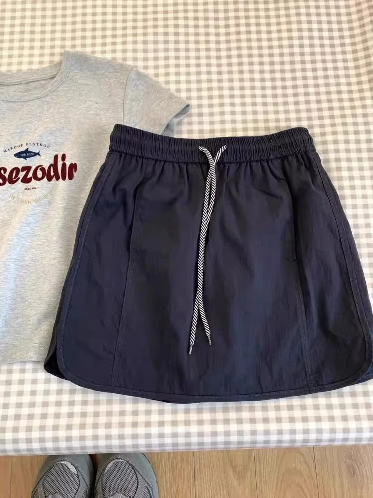 韩系设计感工装藏蓝色半身裙女小个子夏季新款休闲显瘦防走光短裙