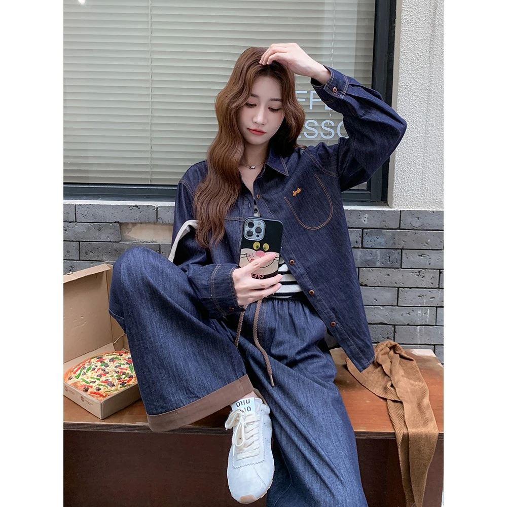 深蓝色牛仔套装女2025秋季新款一整套时尚穿搭披肩衬衫裤子两件套