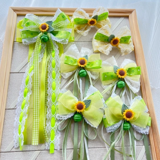 清爽黄绿向日葵太阳花头饰对夹蝴蝶结飘带对夹
