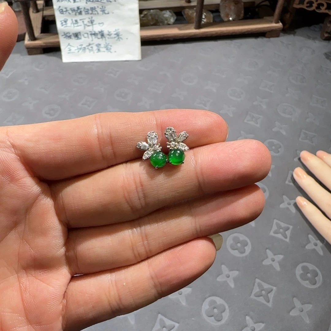 银S925镶嵌翡翠耳饰翡翠危料