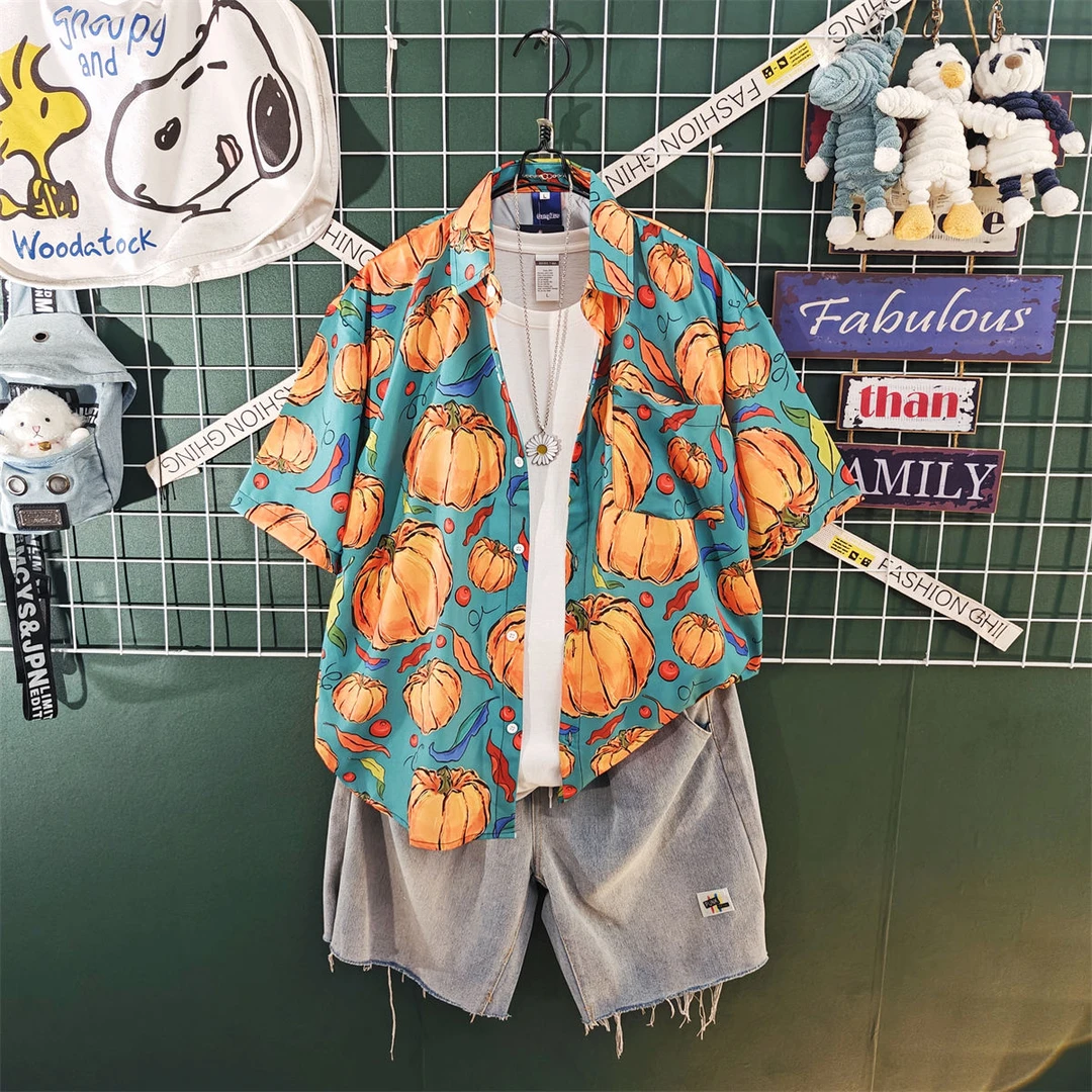 沙滩度假风男生夏季穿搭一整套休闲短袖衬衫三件套装男短裤痞帅气