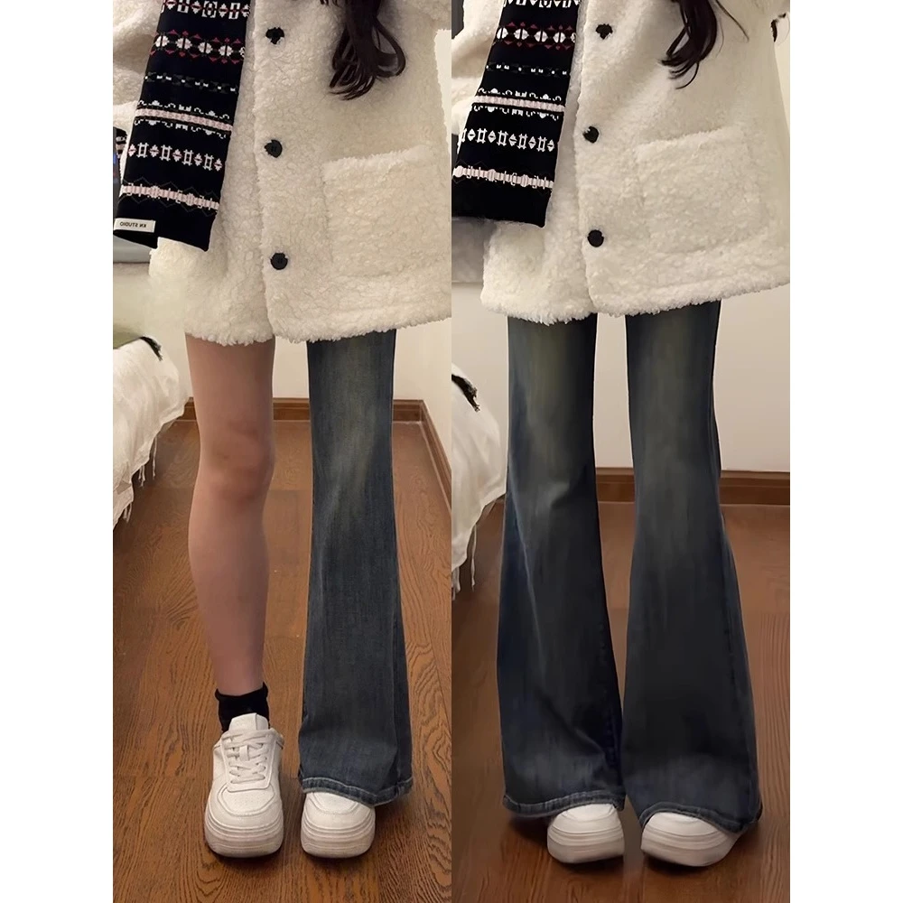 梨形身材复古蓝微喇牛仔裤女春春百搭大码胖mm高腰显瘦弹力喇叭裤