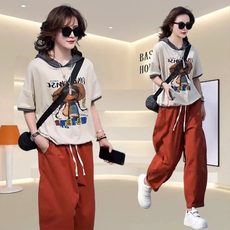 韩式宽松显瘦套装女夏季高级感连帽印花短袖休闲哈伦裤时尚两件套