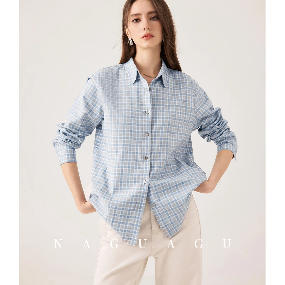 【劳伦绒感衬衫】色织棉天丝混纺 磨毛翻领格纹衬衫早春上衣女