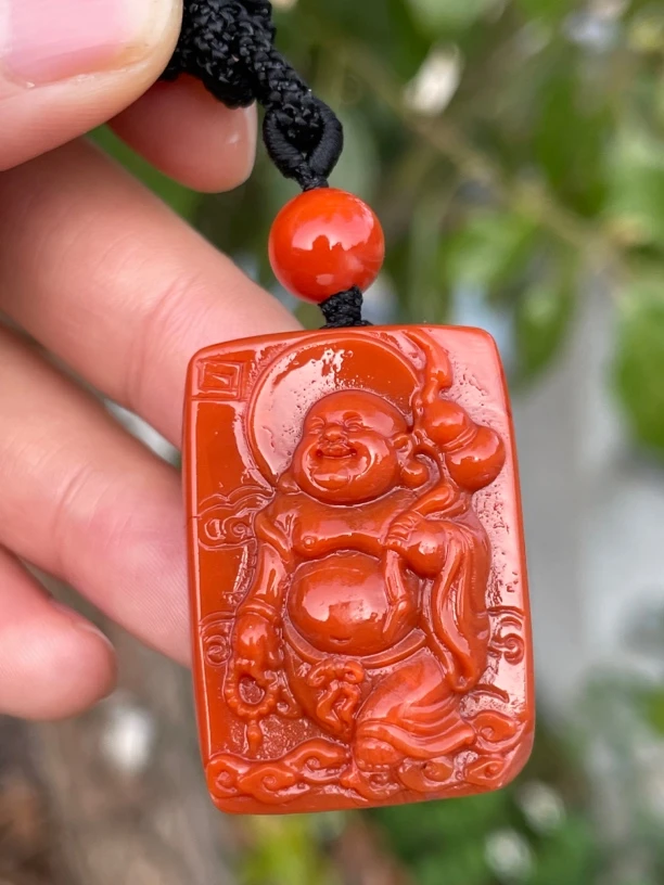 精品南红逍遥佛吊坠颜色红润满肉柿子红精工尺寸24.5x34.5x13mm