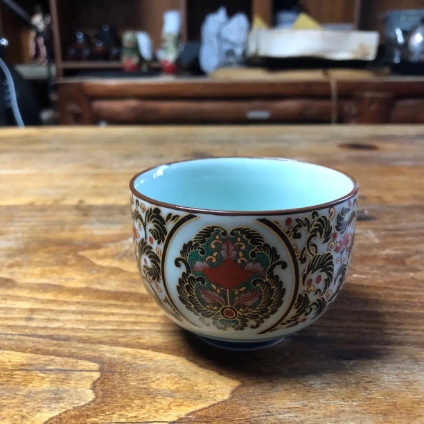 日式仁祥窑青花釉上彩描金蝶恋花复古彩绘茶杯主人杯140cc陶瓷