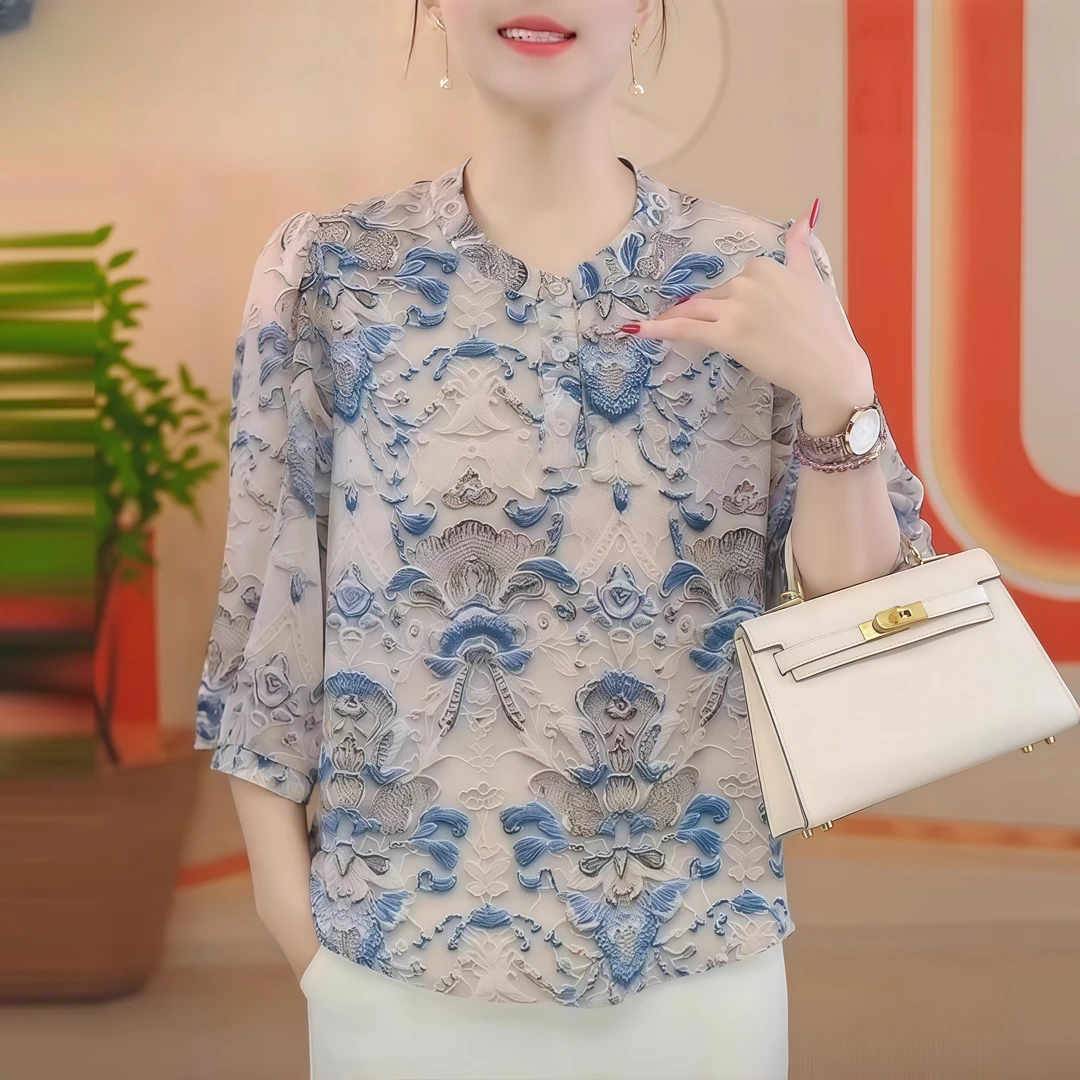 夏季轻薄宽松型荷叶领七分袖衬衫气质洋气妈妈装印花遮肉透气上衣