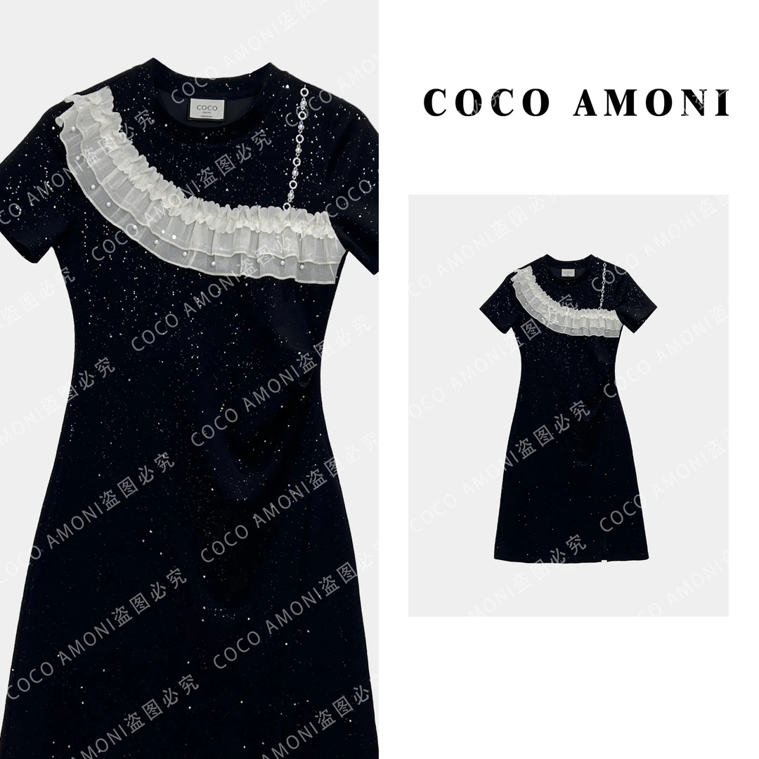 【曼姐】高级感夏日女装拼接不规则立体收腰显瘦连衣裙AB1006