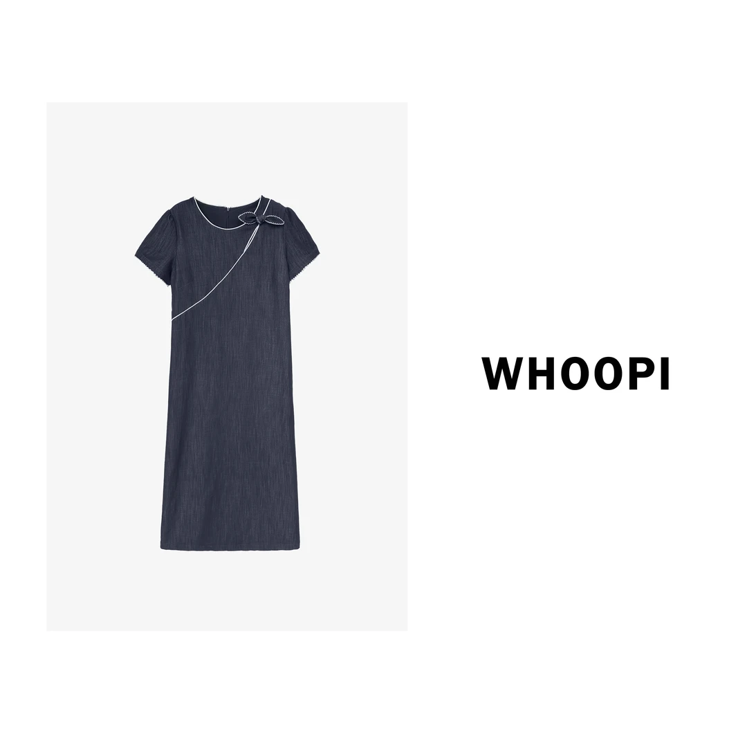 【Whoopi】【为夏而生】设计感气质莱赛尔牛仔蓝蝴蝶结短袖连衣裙