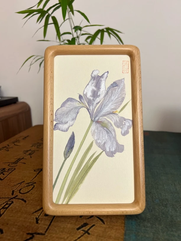 【直拍】原创国风没骨鸢尾装饰画实木框24cm×14cm