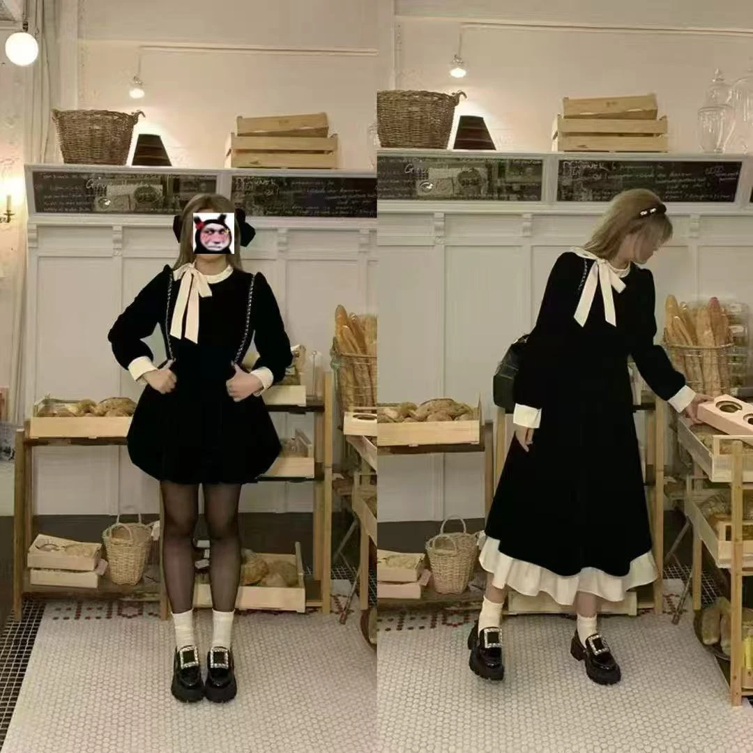 【丝绒拿铁】显瘦A字裙大码连衣裙气质法式秋季秋冬黑色中长款99662