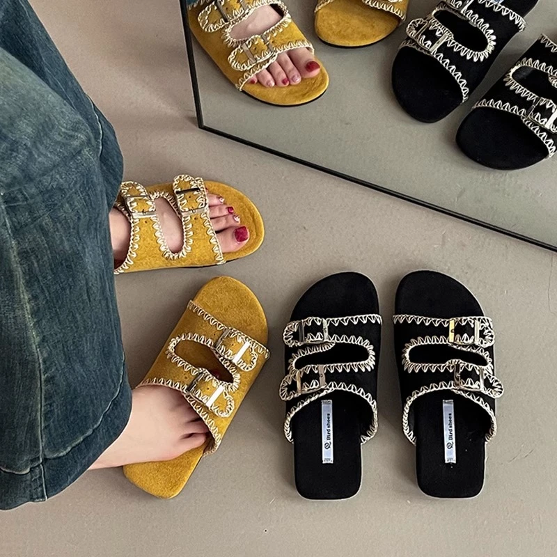 法式复古搭扣蕾丝拖鞋女外穿2025夏季新款外穿气质时尚拖鞋一字拖