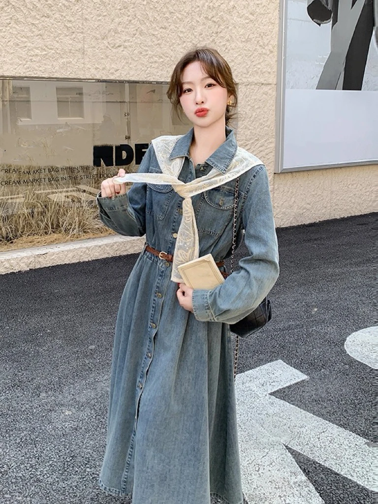 【595】简#休闲百搭翻领牛仔连衣裙【配披肩】