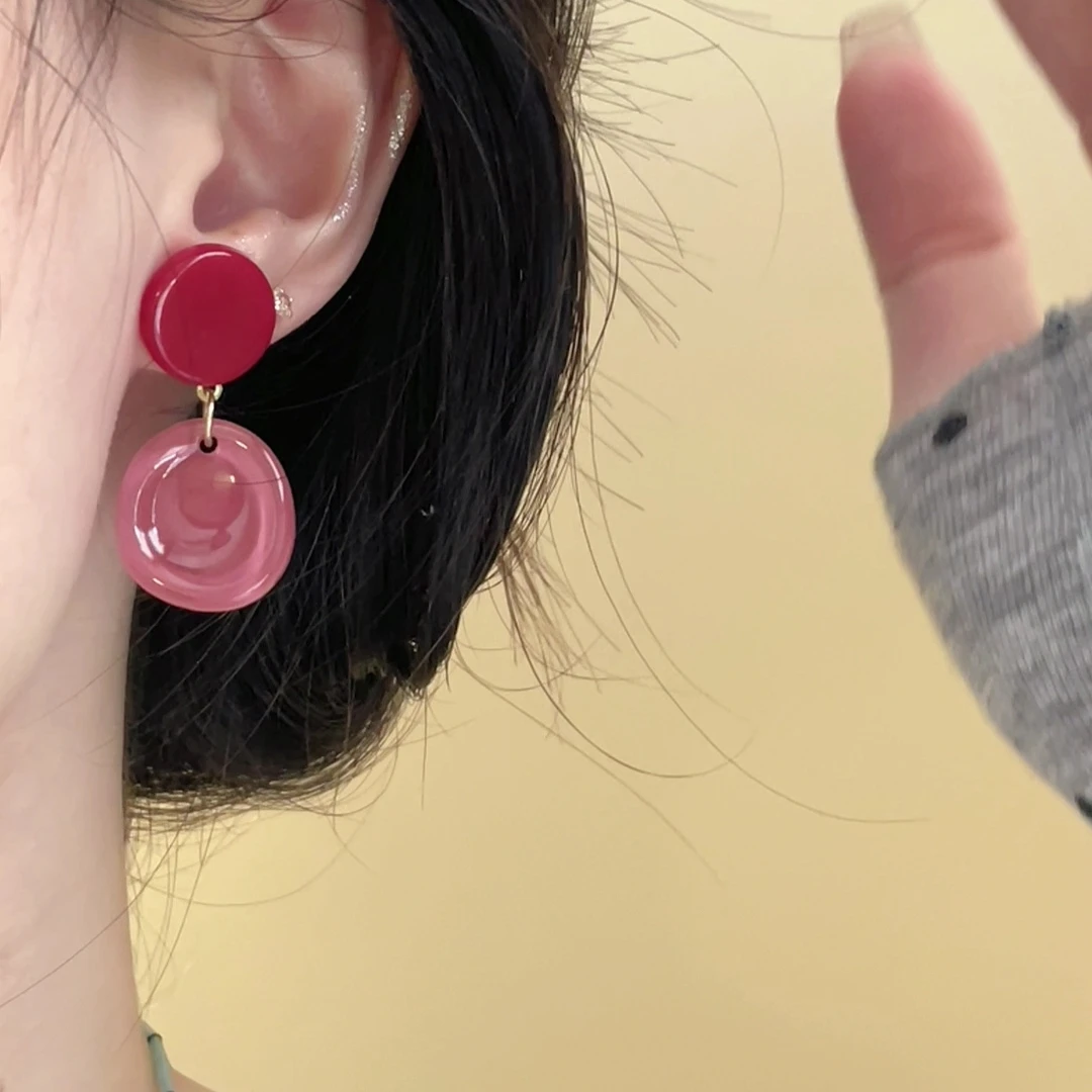 合金亚克力耳饰 酒红梅子~不规则几何粉色耳环女百搭森系个性耳钉