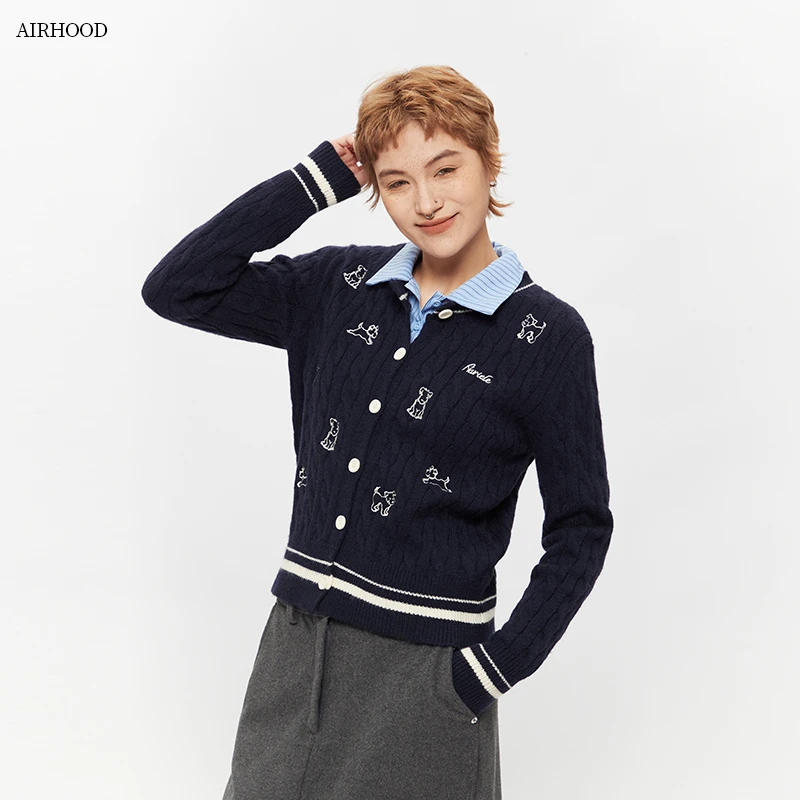 AIRHOOD复古学院风刺绣针织开衫女2025秋季新款百搭毛衣外套N5370
