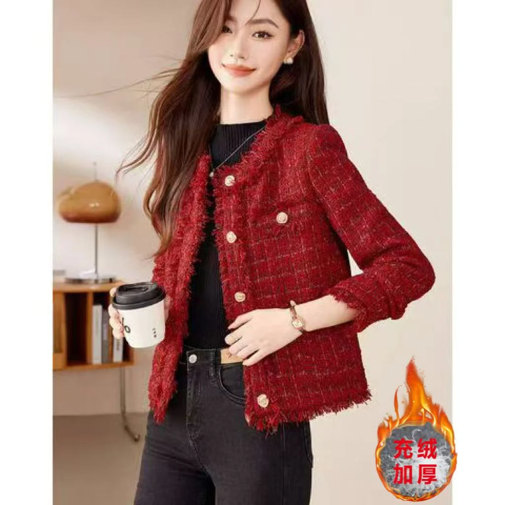 【当天发+运费险】红色充绒内胆小香风法式高级感外套设计感Q913